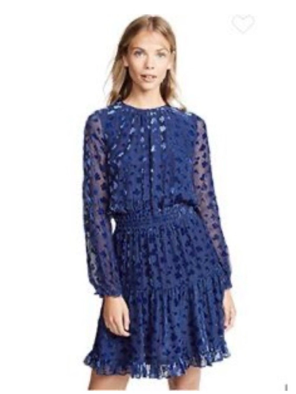 Shoshanna Levon Burnout Navy Blue Long-Sleeve Smocked Waist Dress Size 8